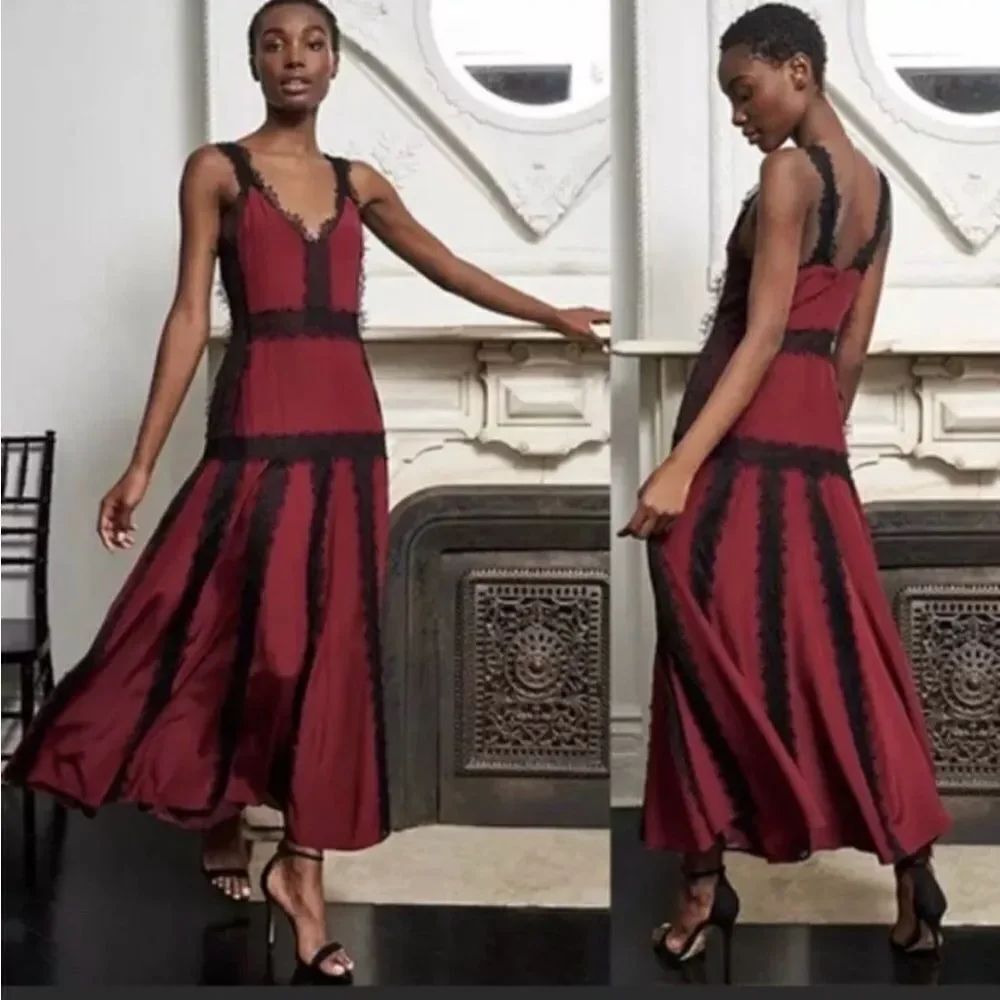 La Ligne 100% silk Elegant Burgundy and Black Lace maxi Dress, US0